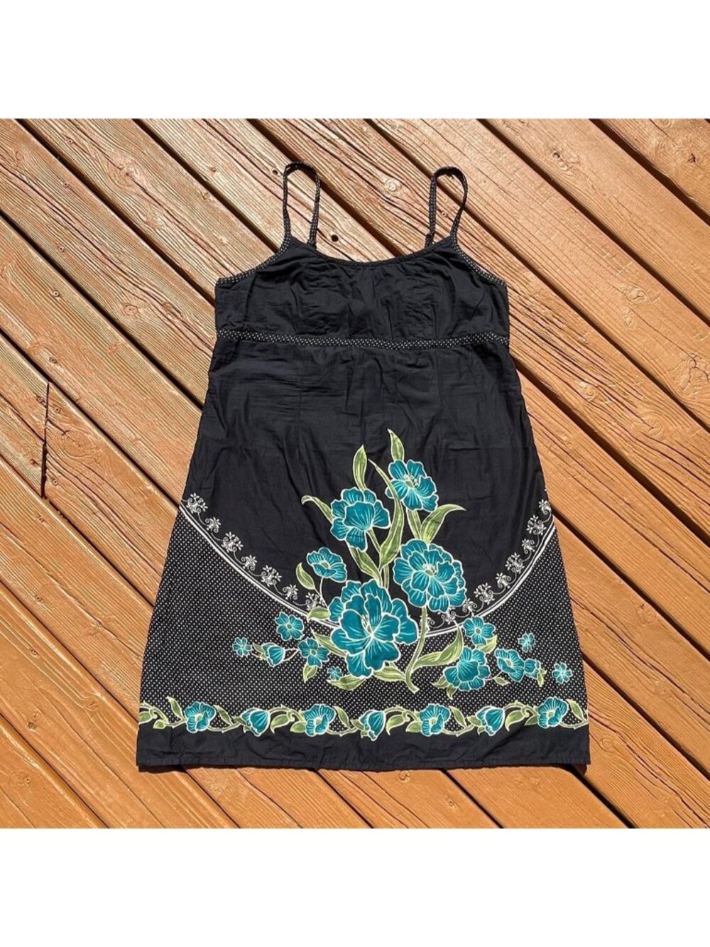Y2K black & blue floral print midi dress with leaves and polka dot detailing
